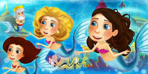 Cartoon ocean and the mermaid princess in underwater kingdom swimming and having fun - illustration for children — Stock Photo, Image