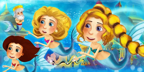El océano de dibujos animados y la sirena en el reino submarino nadando y divirtiéndose - ilustración para niños —  Fotos de Stock