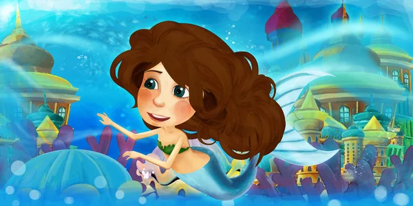 Cartoon ocean and the mermaid princess in underwater kingdom swimming and having fun - illustration for children