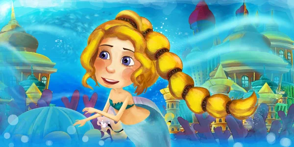 Océano de dibujos animados y la sirena en la natación reino submarino y divertirse - ilustración para niñosOcéano de dibujos animados y la sirena en la natación reino submarino y divertirse - ilustración para ch — Foto de Stock