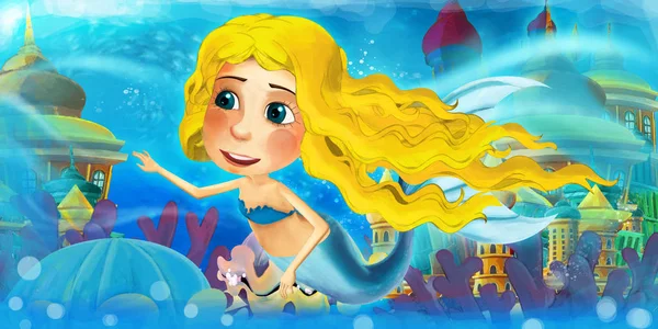 Kreslený oceán a mořská panna princezna v podmořském království plavání a baví - ilustrace pro děti — Stock fotografie