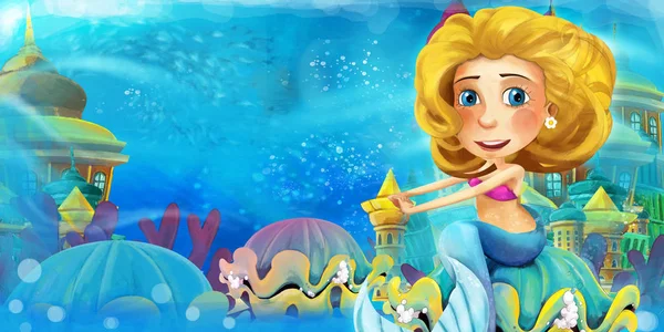 卡通海洋和水下王国中的美人鱼在游泳和玩乐- -儿童图解 — 图库照片