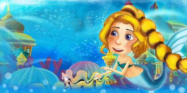 Cartoon ocean and the mermaid in underwater kingdom swimming and having fun - illustration for children