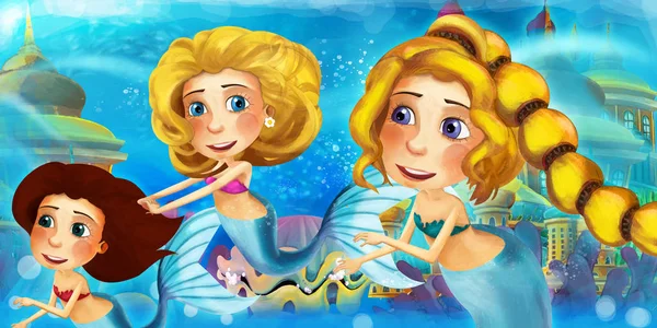Мультфильм океан и русалка в подводном королевстве плавают и веселятся - иллюстрация для детей — стоковое фото