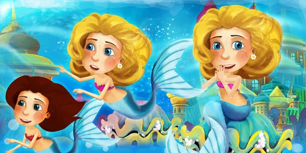 El océano de dibujos animados y la sirena en el reino submarino nadando y divirtiéndose - ilustración para niños — Foto de Stock