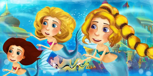 Caricature océan et la sirène dans le royaume sous-marin nager et s'amuser - illustration pour les enfants — Photo