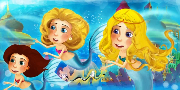 El océano de dibujos animados y la princesa sirena en el reino submarino nadando y divirtiéndose - ilustración para niños — Foto de Stock