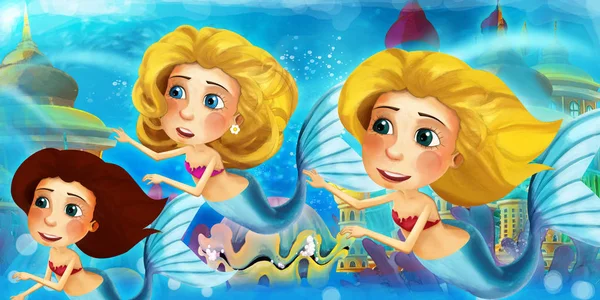 Cartoon ocean and the mermaid princess in underwater kingdom swimming and having fun - illustration for children