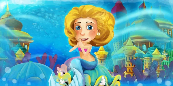 Cartoon ocean and the mermaid in underwater kingdom swimming and having fun - illustration for children