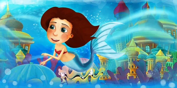 Cartoon ocean and the mermaid princess in underwater kingdom swimming and having fun - illustration for children