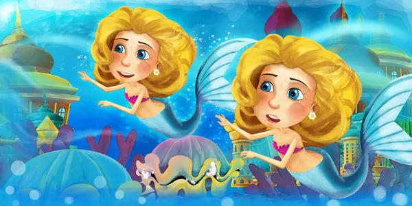 El océano de dibujos animados y la princesa sirena en el reino submarino nadando y divirtiéndose - ilustración para niños — Foto de Stock