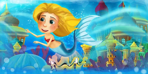 Tecknad ocean och sjöjungfrun prinsessa i undervattensriket simning och ha kul - illustration för barn — Stockfoto