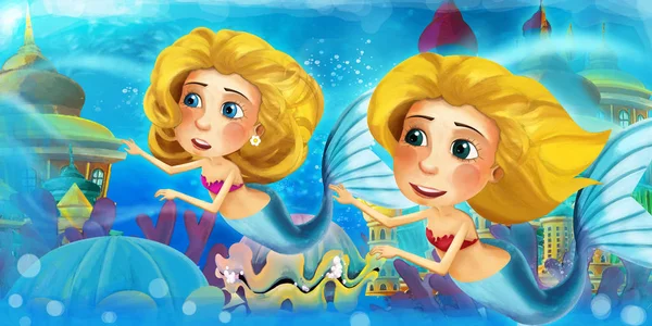 Kreslený oceán a mořská panna princezna v podmořském království plavání a baví - ilustrace pro děti — Stock fotografie
