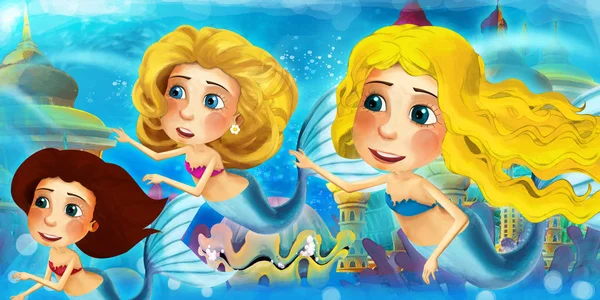 Kreskówka ocean i syrena w podwodnym królestwie pływanie i zabawy - ilustracja dla dzieci — Zdjęcie stockowe