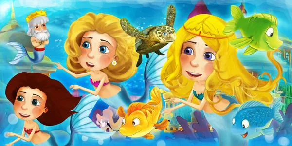 Cartoon ocean and the mermaid in underwater kingdom swimming with fishes and having fun - illustration for children — Stock Photo, Image