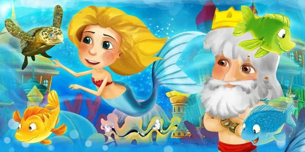 Cartoon ocean and the mermaid in underwater kingdom swimming with fishes and having fun - illustration for children — Stock Photo, Image