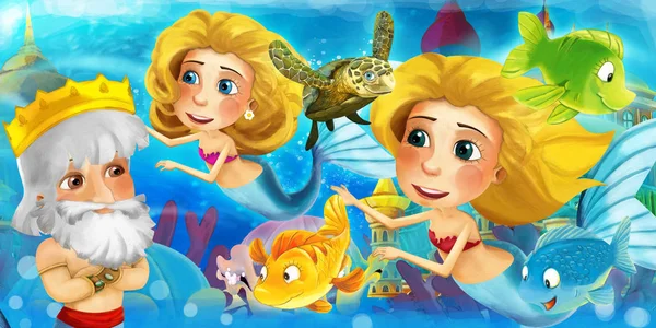 Cartoon ocean and the mermaid in underwater kingdom swimming with fishes and having fun - illustration for children