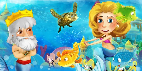 Cartoon ocean and the mermaid in underwater kingdom swimming with fishes and having fun - illustration for children