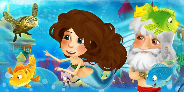 Cartoon ocean and the mermaid in underwater kingdom swimming with fishes and having fun - illustration for children — Stock Photo, Image