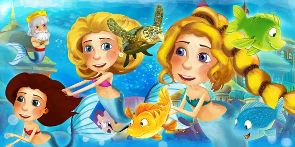 Cartoon ocean and the mermaid in underwater kingdom swimming with fishes and having fun - illustration for children