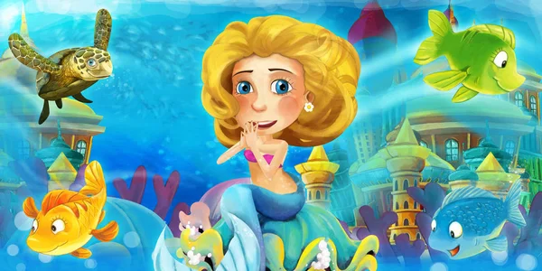 Kreslený oceán a mořská panna v podmořském království plavání s rybami a baví - ilustrace pro děti — Stock fotografie