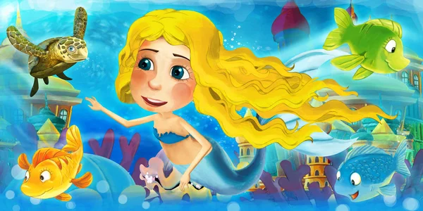 Cartoon ocean and the mermaid in underwater kingdom swimming with fishes and having fun - illustration for children — Stock Photo, Image