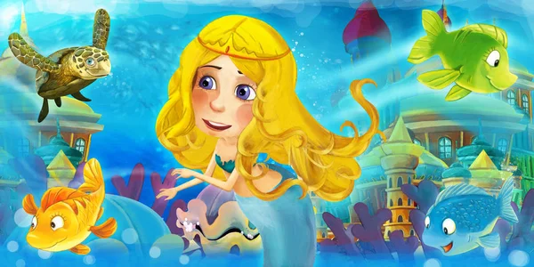 El océano de dibujos animados y la sirena en el reino submarino nadando con peces y divirtiéndose - ilustración para niños —  Fotos de Stock