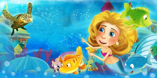 Oceano dei cartoni animati e la sirena nel regno sottomarino nuotare con i pesci e divertirsi - illustrazione per bambini — Foto Stock