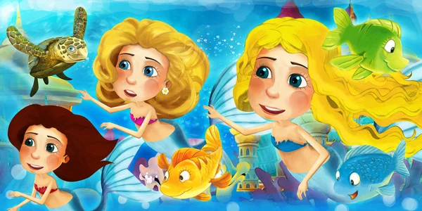 Kreslený oceán a mořská panna v podmořském království plavání s rybami a baví - ilustrace pro děti — Stock fotografie