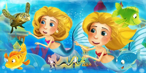 Oceano dos desenhos animados e a sereia no reino subaquático nadando com peixes e se divertindo - ilustração para crianças — Fotografia de Stock