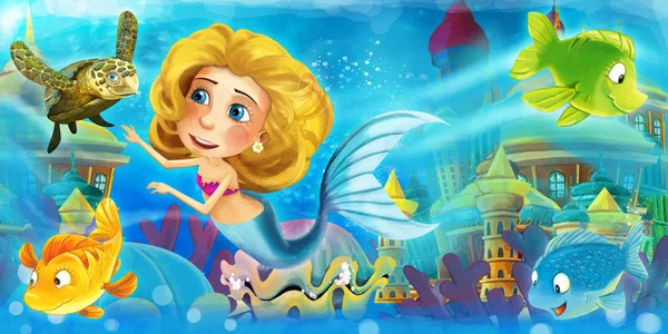 Dessin animé océan et la sirène dans le royaume sous-marin nager avec des poissons et s'amuser - illustration pour les enfants — Photo