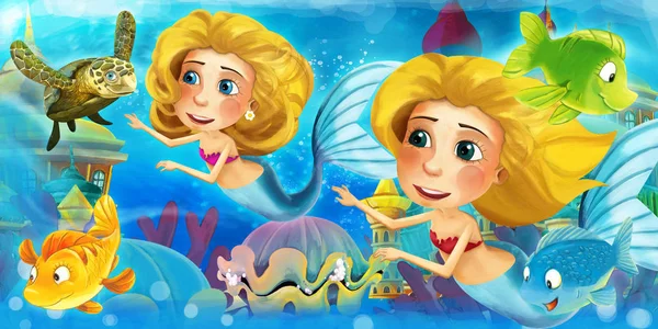 Oceano dos desenhos animados e a sereia no reino subaquático nadando com peixes e se divertindo - ilustração para crianças — Fotografia de Stock