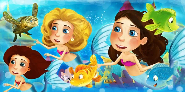 Tecknad ocean och sjöjungfrun i undervattensriket simma med fiskar och ha kul - illustration för barn — Stockfoto