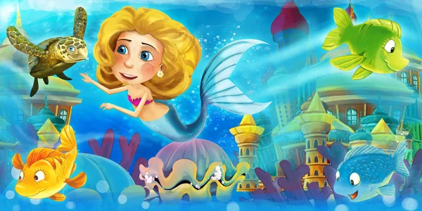 Tecknad ocean och sjöjungfrun i undervattensriket simma med fiskar och ha kul - illustration för barn — Stockfoto