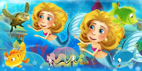 Cartoon Ozean und die Meerjungfrau im Unterwasserreich schwimmen mit Fischen und Spaß haben - Illustration für Kinder — Stockfoto