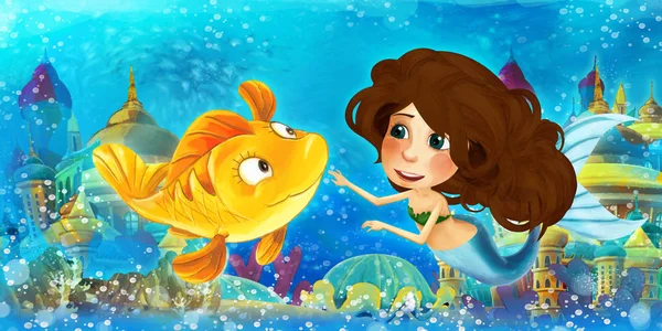 Oceano dei cartoni animati e la principessa sirena nel nuoto regno subacqueo e divertirsi con i pesci - illustrazione per bambini — Foto Stock