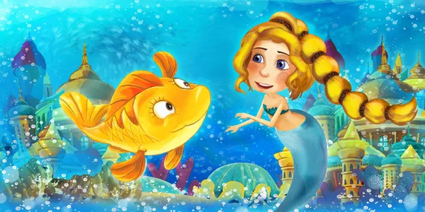 El océano de dibujos animados y la princesa sirena en el reino submarino nadando y divirtiéndose con los peces - ilustración para niños —  Fotos de Stock