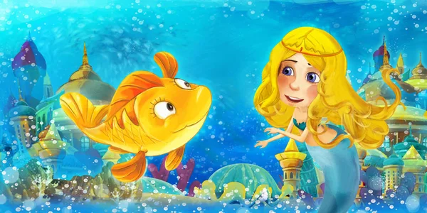 El océano de dibujos animados y la princesa sirena en el reino submarino nadando y divirtiéndose con los peces - ilustración para niños — Foto de Stock