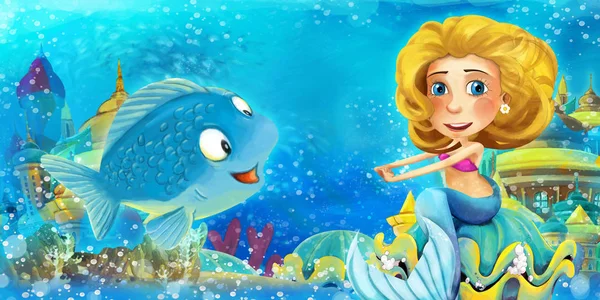 Kreslený oceán a mořská panna princezna v podmořském království plavání a baví se s rybami - ilustrace pro děti — Stock fotografie