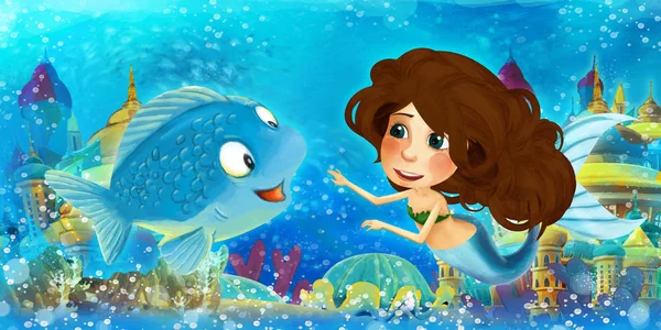 Oceano dos desenhos animados e a princesa sereia no reino subaquático nadando e se divertindo com peixes - ilustração para crianças — Fotografia de Stock