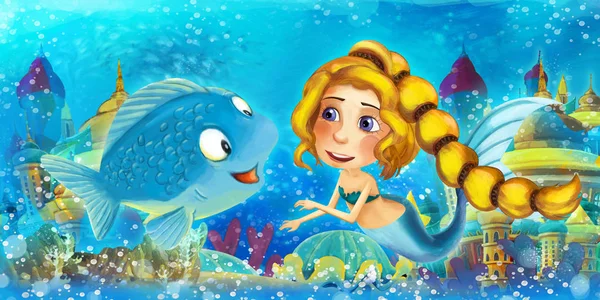 Kreslený oceán a mořská panna princezna v podmořském království plavání a baví se s rybami - ilustrace pro děti — Stock fotografie