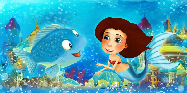 Oceano dei cartoni animati e la principessa sirena nel nuoto regno subacqueo e divertirsi con i pesci - illustrazione per bambini — Foto Stock