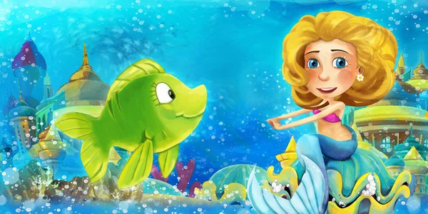 El océano de dibujos animados y la princesa sirena en el reino submarino nadando y divirtiéndose con los peces - ilustración para niños —  Fotos de Stock