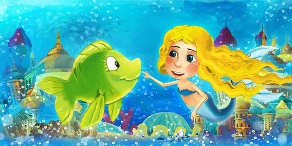 Cartoon ocean and the mermaid princess in underwater kingdom swimming and having fun with fishes - illustration for children — ストック写真