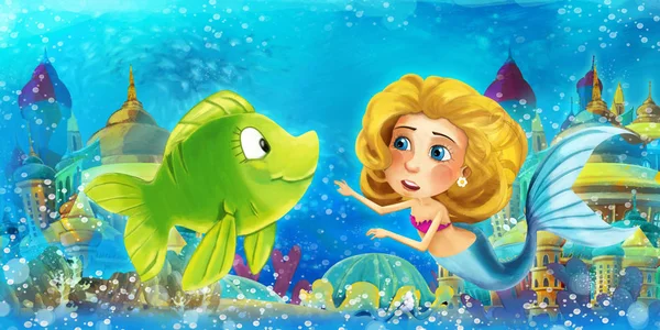 Cartoon ocean and the mermaid princess in underwater kingdom swimming and having fun with fishes - illustration for children — ストック写真