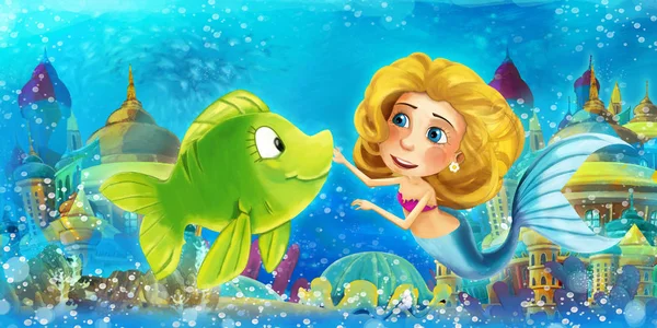 Oceano dei cartoni animati e la principessa sirena nel nuoto regno subacqueo e divertirsi con i pesci - illustrazione per bambini — Foto Stock