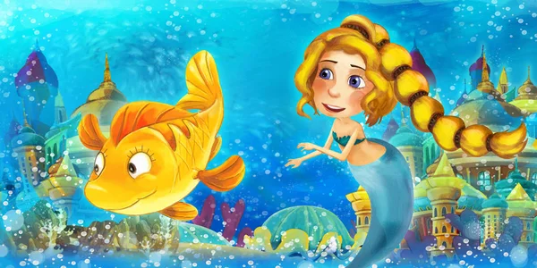 El océano de dibujos animados y la princesa sirena en el reino submarino nadando y divirtiéndose con los peces - ilustración para niños — Foto de Stock