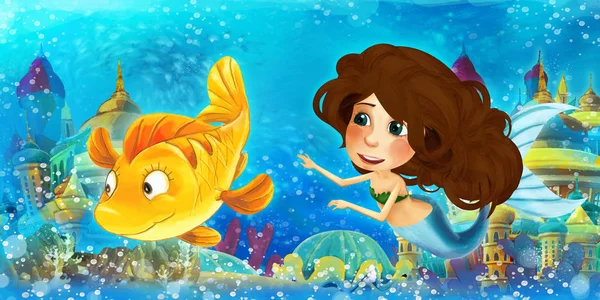 Oceano dei cartoni animati e la principessa sirena nel nuoto regno subacqueo e divertirsi con i pesci - illustrazione per bambini — Foto Stock