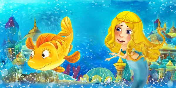 Oceano dei cartoni animati e la principessa sirena nel nuoto regno subacqueo e divertirsi con i pesci - illustrazione per bambini — Foto Stock