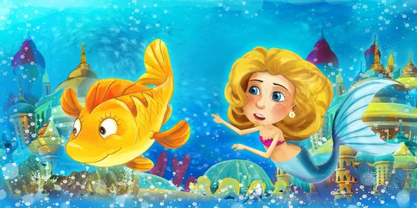 Oceano dei cartoni animati e la principessa sirena nel nuoto regno subacqueo e divertirsi con i pesci - illustrazione per bambini — Foto Stock